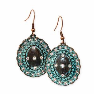 Turquoise Patina Rhinestone Drop Earrings | Boho Western